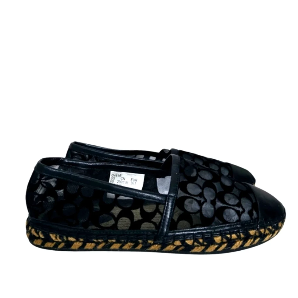 Coach Cleo Black Logo Round Leather Cap Toe Mesh Slip-On‎ Espadrilles